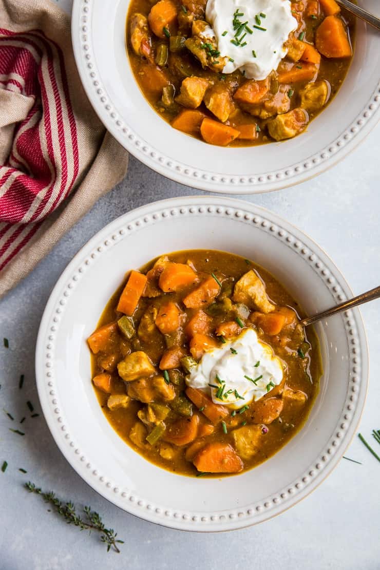 Easy Paleo Pumpkin Chicken Chili made on the stove top in just 45 minutes. Post includes instructions for Instant Pot! | TheRoastedRoot.net