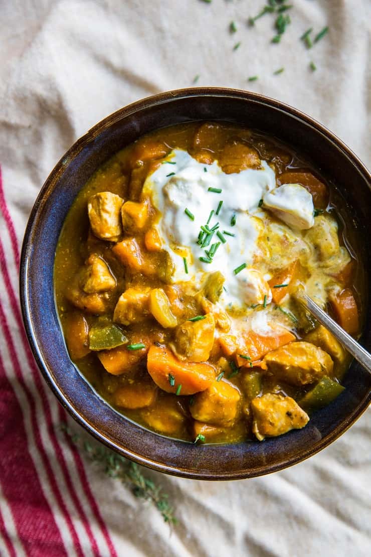 Paleo Pumpkin Chicken Chili made on the stove top. Post includes Instant Pot Instructions! A Low-FODMAP chili recipe