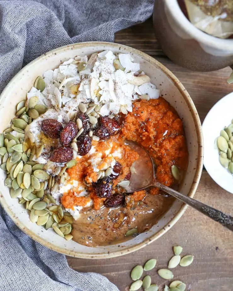 Pumpkin Brekafast Bowls - healthy vegan breakfast bowl made with fresh roasted pumpkin, coconut yogurt and almond butter for a healthy way to start the day | TheRoastedRoot.net