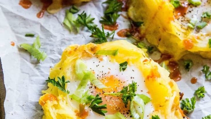 Spaghetti Squash Egg Nests - a fresh and funky clean breakfast recipe that is paleo, keto, whole30 and gluten-free | TheRoastedRoot.net