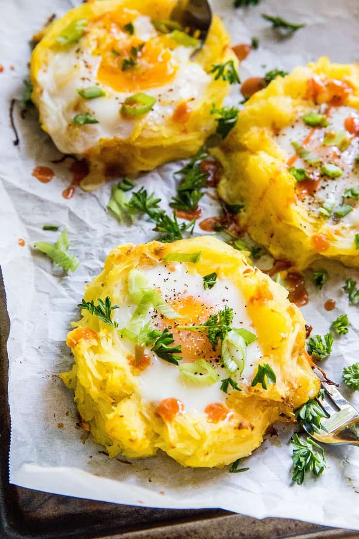 Spaghetti Squash Egg Nests - a fresh and funky clean breakfast recipe that is paleo, keto, whole30 and gluten-free | TheRoastedRoot.net