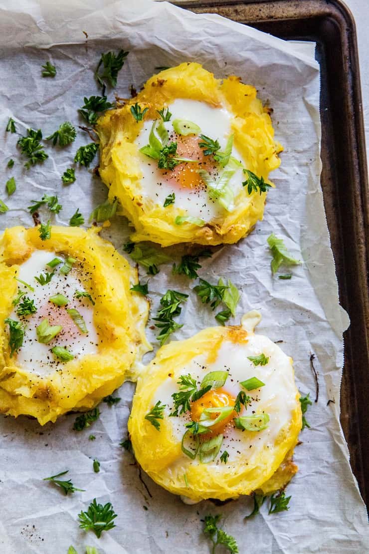 Spaghetti Squash Egg Nests - a fun and healthful paleo, keto, whole30 breakfast recipe | TheRoastedRoot.net