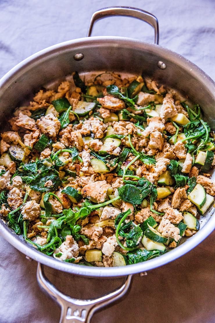 Zucchini and Ground Turkey Skillet with spinach and ginger - an easy paleo, whole30, AIP, keto dinner recipe