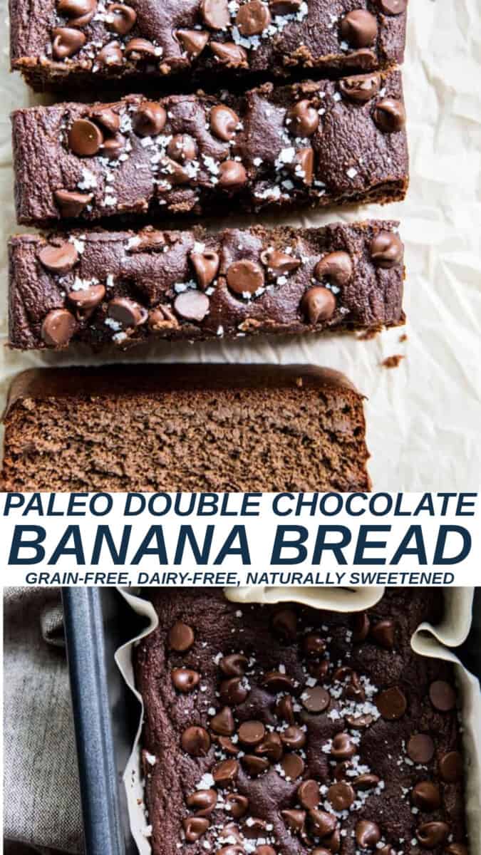 collage of two photos of double chocolate banana bread