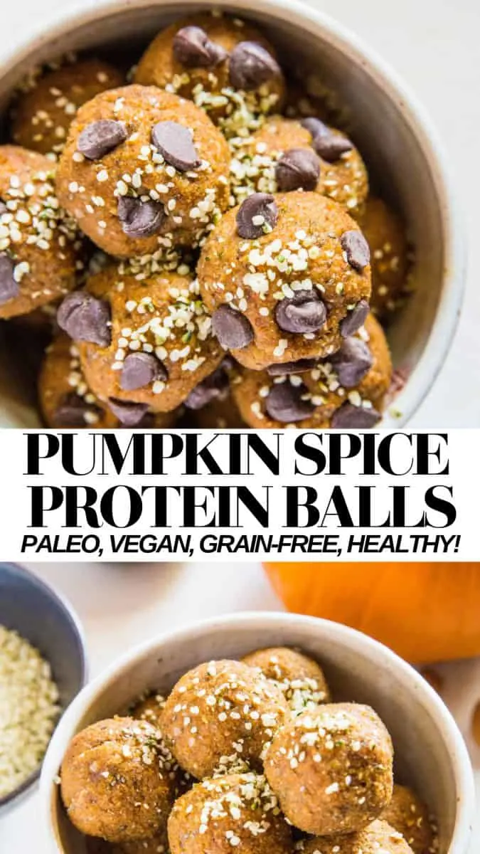 Pumpkin Spice Energy Balls made with nuts, seeds, and dates. Paleo, Vegan, Whole30, healthy snack recipe!