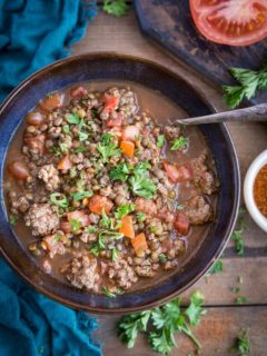 Beef and Lentil Chili - Beanless chili made with ground beef, lentils and vegetables for a hearty, delicious meal | TheRoastedRoot.net