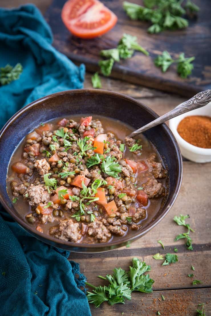 Beef and Lentil Chili - Beanless chili made with ground beef, lentils and vegetables for a hearty, delicious meal | TheRoastedRoot.net