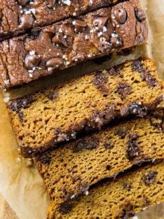 Chocolate Chip Paleo Pumpkin Bread made with coconut flour and pure maple syrup - moist, sweet, fluffy, and delicious! | TheRoastedRoot.net