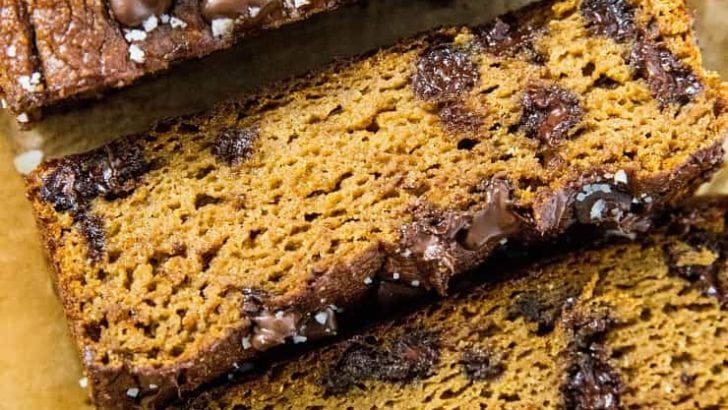 Chocolate Chip Paleo Pumpkin Bread made with coconut flour and pure maple syrup - moist, sweet, fluffy, and delicious! | TheRoastedRoot.net