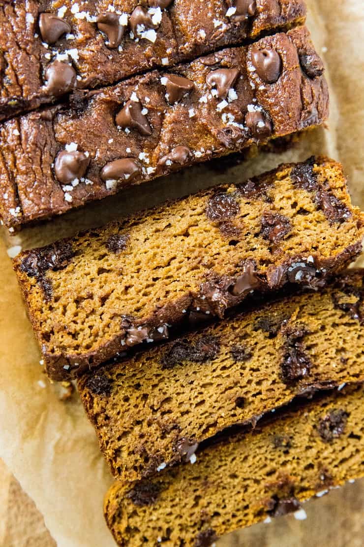 Chocolate Chip Paleo Pumpkin Bread made with coconut flour and pure maple syrup - moist, sweet, fluffy, and delicious! | TheRoastedRoot.net