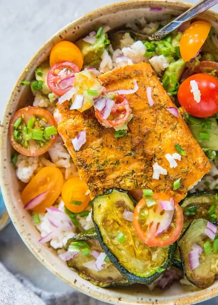 Grilled Salmon with Coconut Rice and avocado salsa | TheRoastedRoot.net
