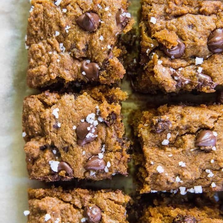 Gluten-Free Pumpkin Spice Chocolate Chip Cookie Bars made with coconut sugar for a refined sugar-free dessert | TheRoastedRoot.net