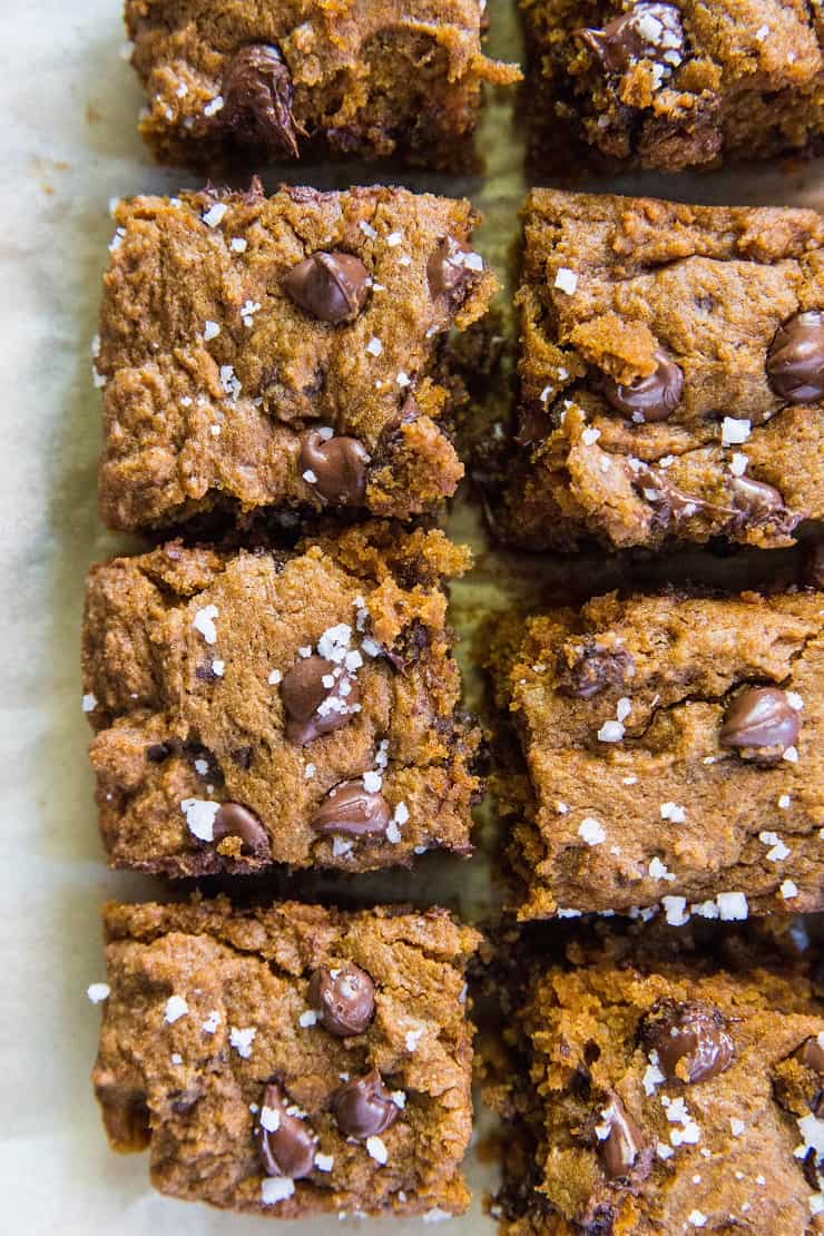 Gluten-Free Pumpkin Spice Chocolate Chip Cookie Bars made with coconut sugar for a refined sugar-free dessert | TheRoastedRoot.net