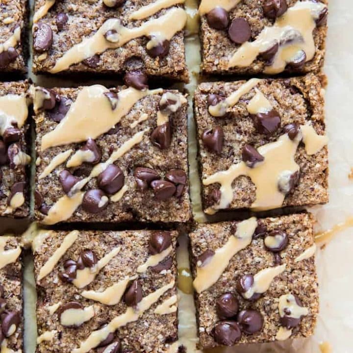 Grain-Free Paleo Blondies made with Tahini, hazelnut flour (or almond flour) and coconut sugar. These gluten-free chocolate chip blondies are a true delight