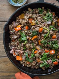 One-Skillet Ground Beef and Wild Rice with onion, garlic, rainbow chard, and bell pepper - an easy, quick well-balanced meal recipe ready in under 1 hour | TheRoastedRoot.net