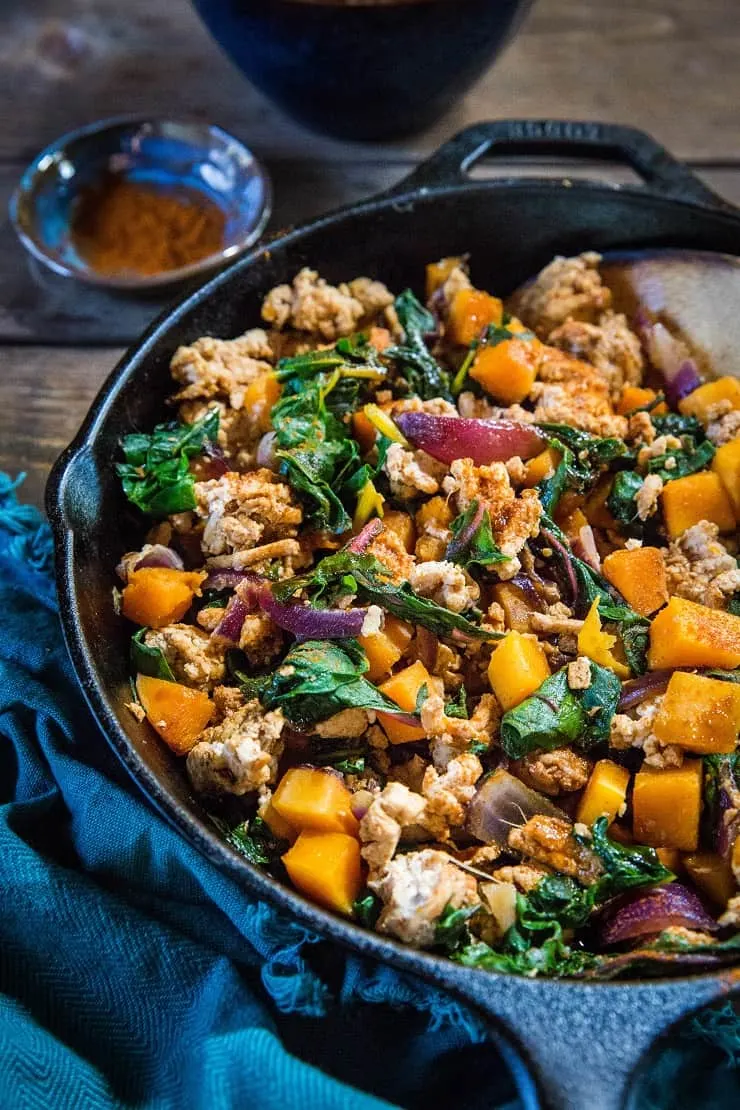 Ground Turkey Butternut Squash Skillet with Rainbow Chard and onions is a quick and easy healthy dinner recipe | TheRoastedRoot.net