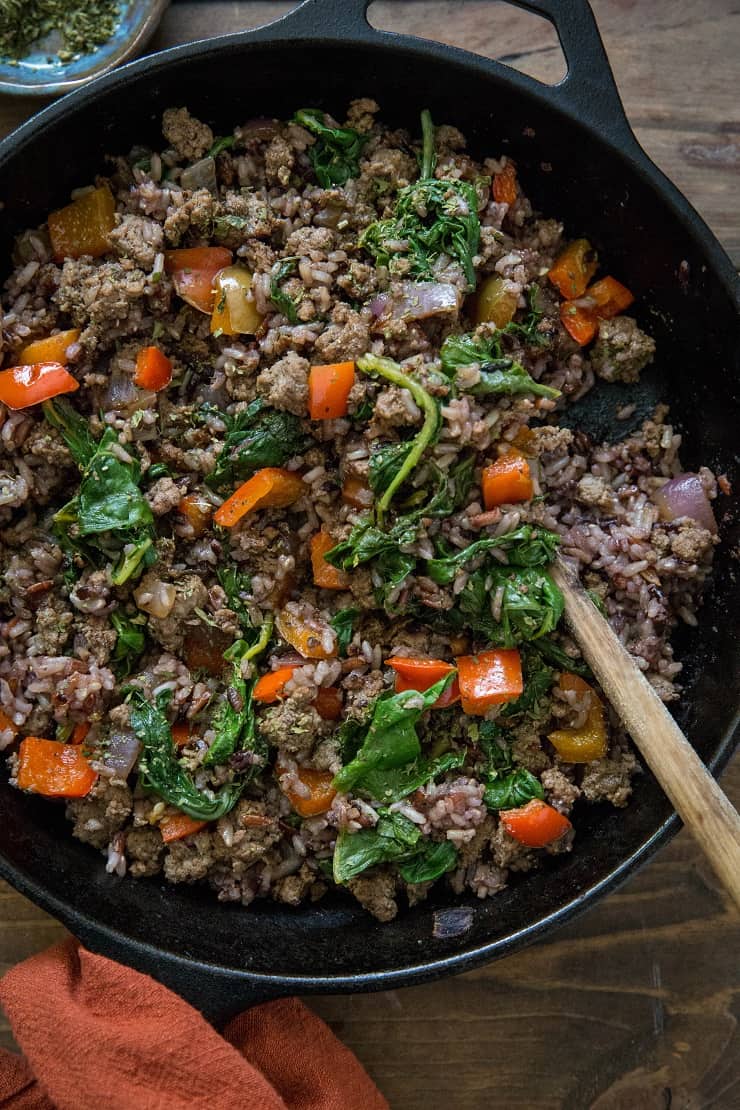 One-Skillet Ground Beef and Wild Rice with Rainbow Chard and Bell Pepper - a clean and easy dinner recipe | TheRoastedRoot.net