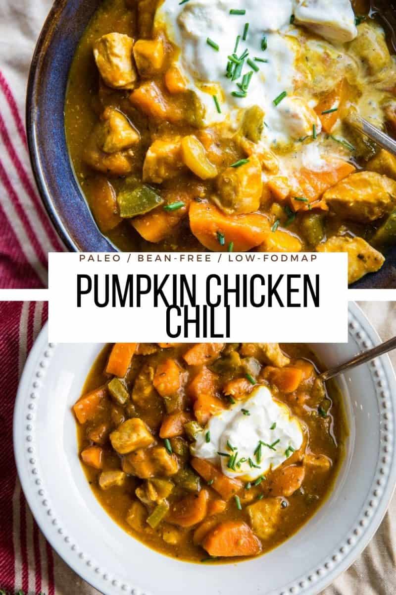 Paleo Pumpkin Chicken Chili (Low-FODMAP) - bean-free, grain-free, healthy pumpkin chili recipe made with pureed pumpkin. Low-FODMAP for a belly-friendly meal!