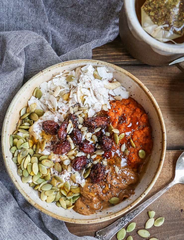 Roasted Pumpkin Breakfast Bowls with almond butter, coconut yogurt, and pumpkin seeds - a healthy paleo, vegan breakfast recipe | TheRoastedRoot.net