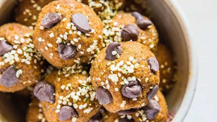 Pumpkin Spice Protein Balls - grain-free, refined sugar-free energy bites made with pumpkin, almonds, pumpkin seeds and dates | TheRoastedRoot.net