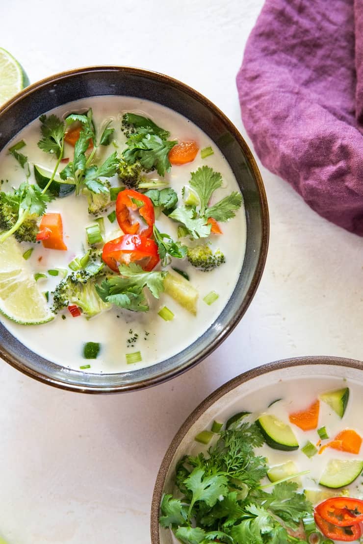 Thai Coconut Soup with Vegetables - an easy, clean soup recipe with coconut milk, lemongrass, lime juice and veggies | TheRoastedRoot.net