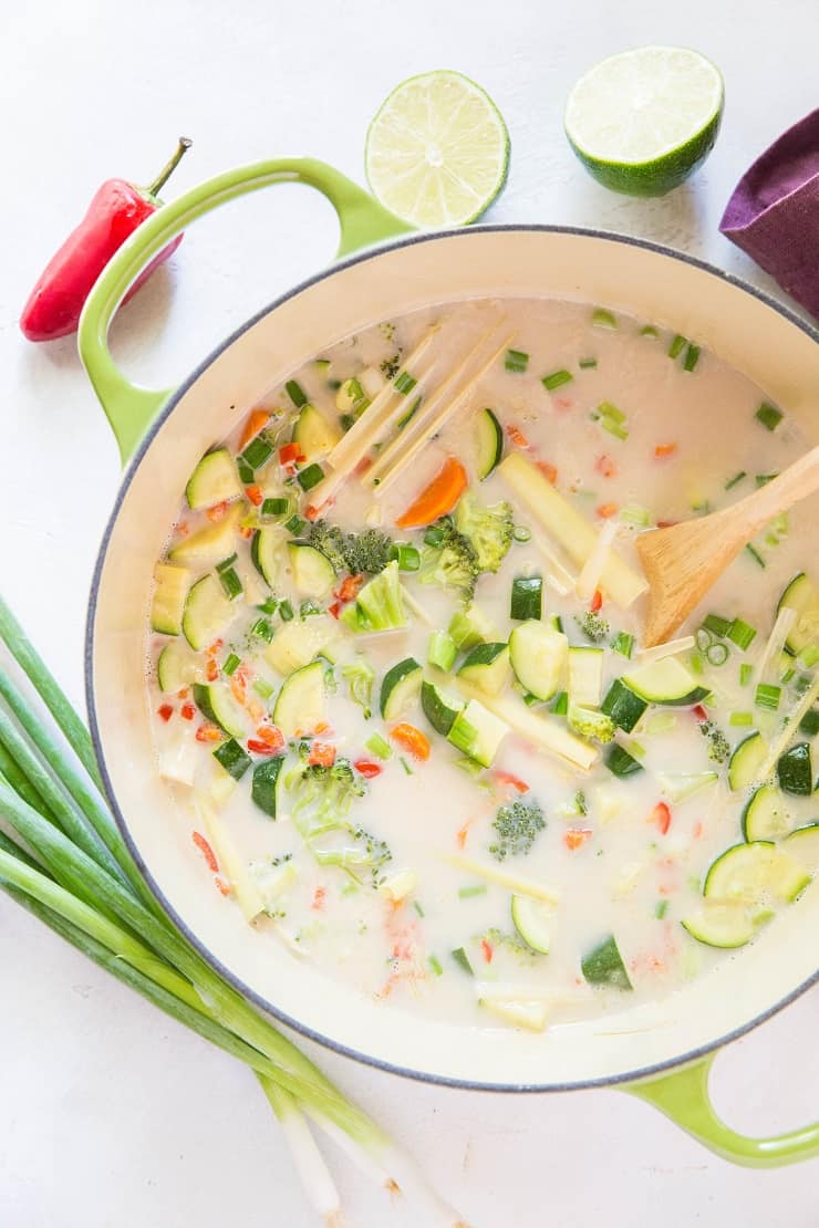 Thai Coconut Soup with Vegetables - an easy, clean soup recipe with coconut milk, lemongrass, lime juice and veggies | TheRoastedRoot.net