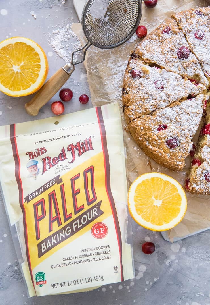 package of bob's red mill's paleo baking flour with cake next to it