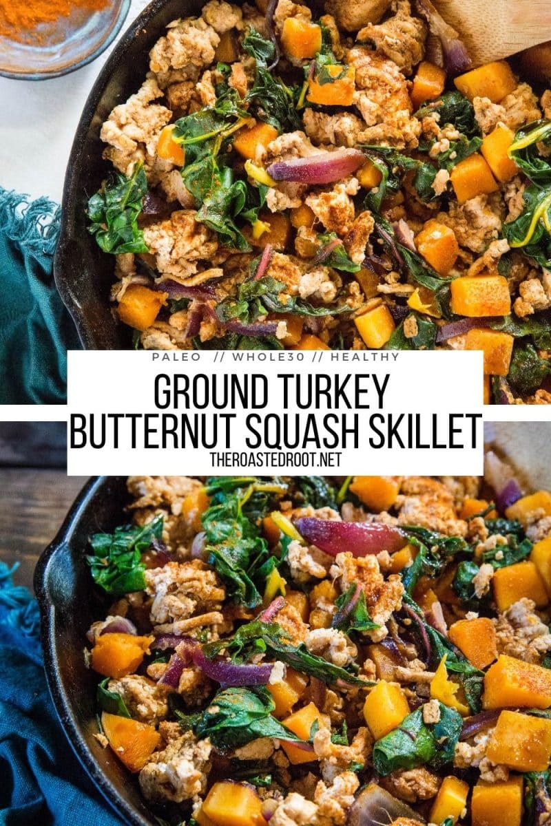 Ground Turkey Butternut Squash Skillet with rainbow chard and onions - an easy healthy dinner recipe that is paleo and whole30