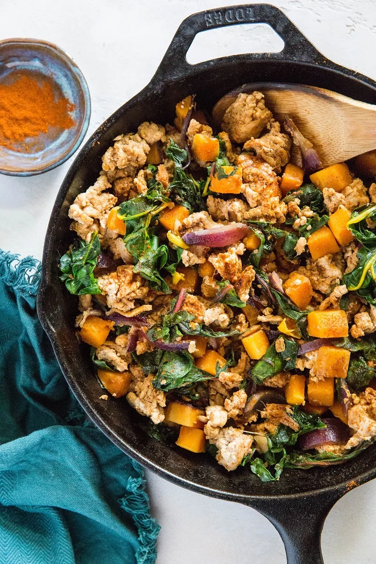 Ground Turkey Butternut Squash Skillet with rainbow chard and onions - an easy healthy dinner recipe that is paleo and whole30