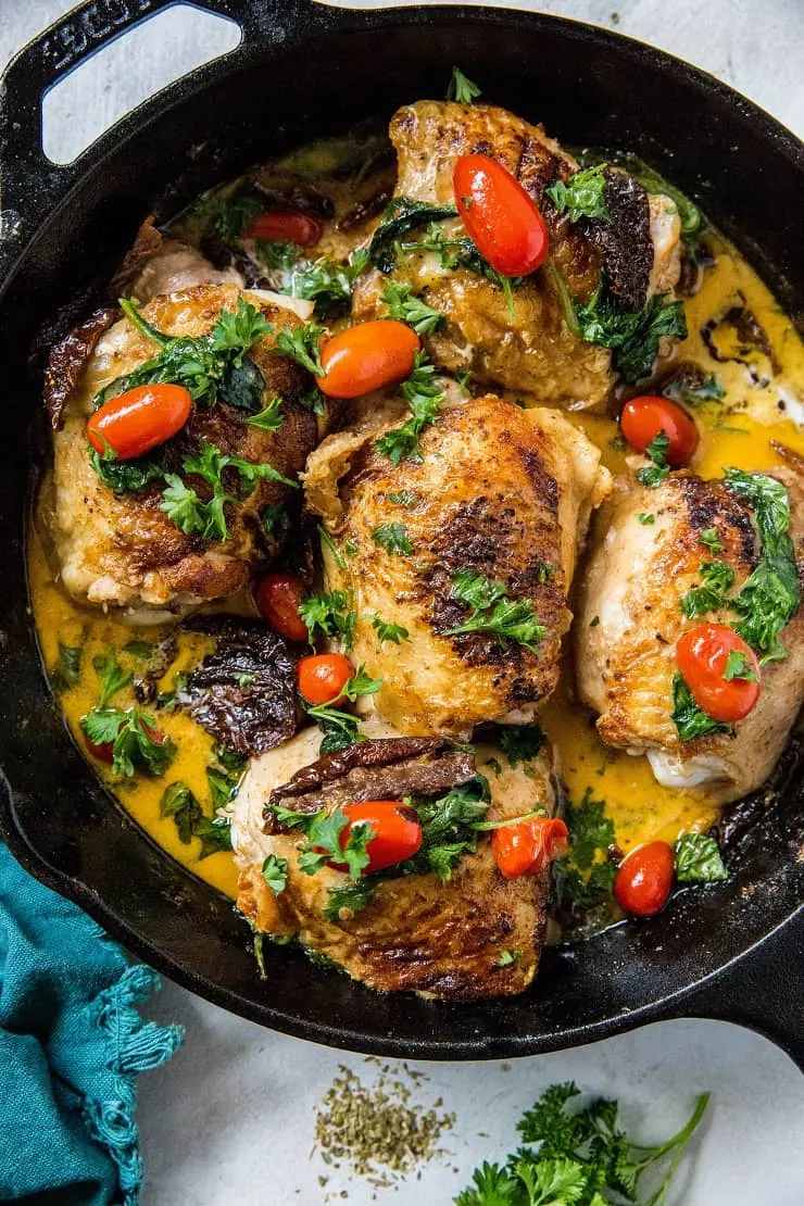 One-Skillet Creamy Tuscan Chicken - paleo, whole30, keto, healthy clean dinner recipe made in just one pot or skillet | TheRoastedRoot.net