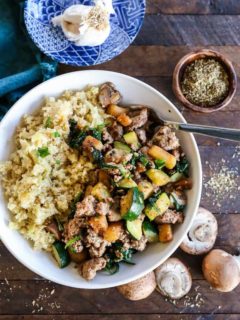 Ground Turkey Bowls with Mushrooms, Zucchini and Spinach with Cabbage Rice - paleo, keto, whole30 dinner recipe | TheRoastedRoot.net