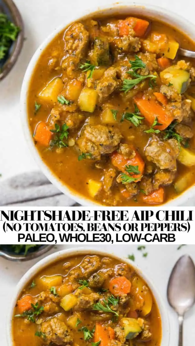 Nightshade-Free AIP Chili Recipe - No beans, tomatoes, peppers, or chilies! An Autoimmune Paleo friendly chili recipe that is comforting and delicious - gluten-free, dairy-free, grain-free, healthy dinner recipe