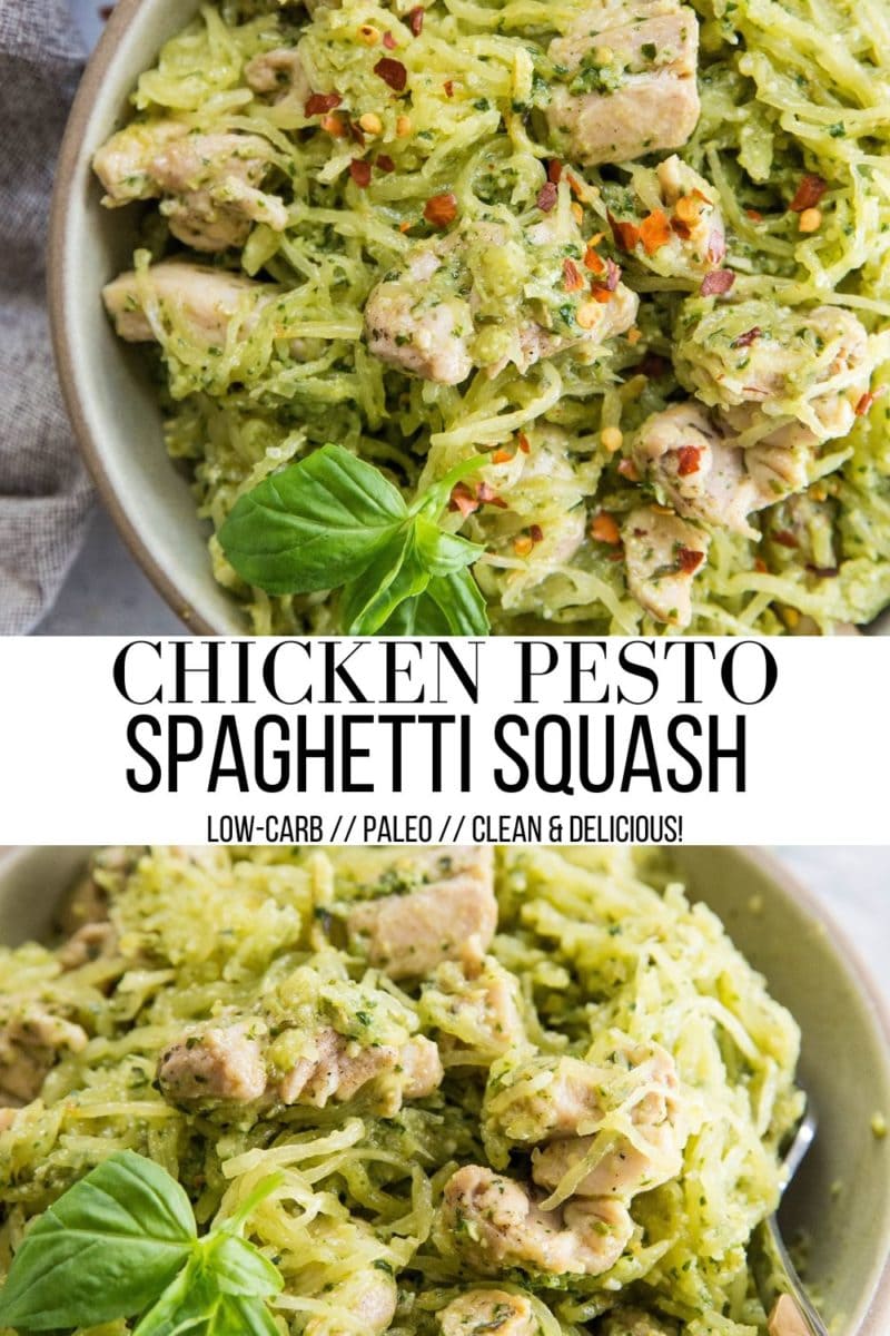 Chicken Pesto Spaghetti Squash made with whole food ingredients - paleo, keto, low-carb, whole30 dinner recipe