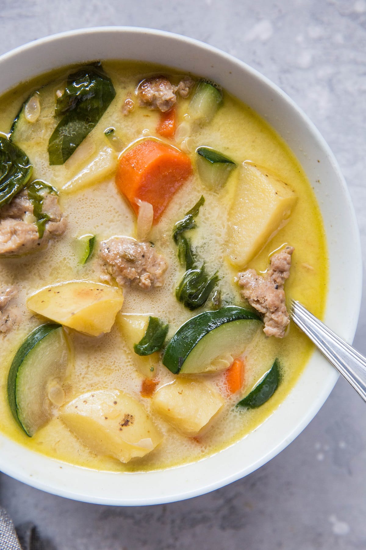 Healthy soup recipe with ground turkey and vegetables - creamy, gluten-free, paleo, whole30