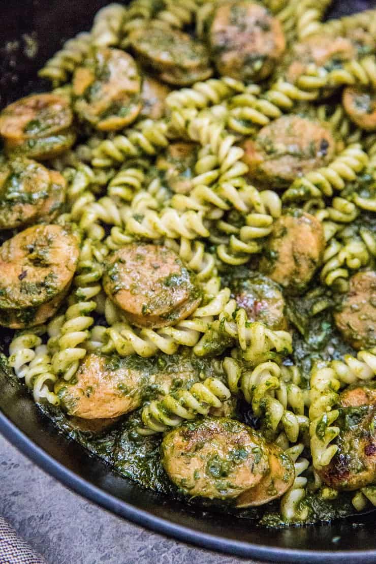 Chicken Sausage Pasta with homemade pesto sauce - dairy-free, gluten-free, healthy