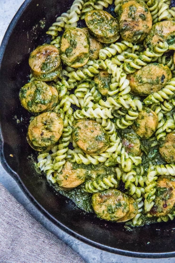 Chicken Sausage Pasta with homemade pesto sauce - dairy-free, gluten-free, healthy