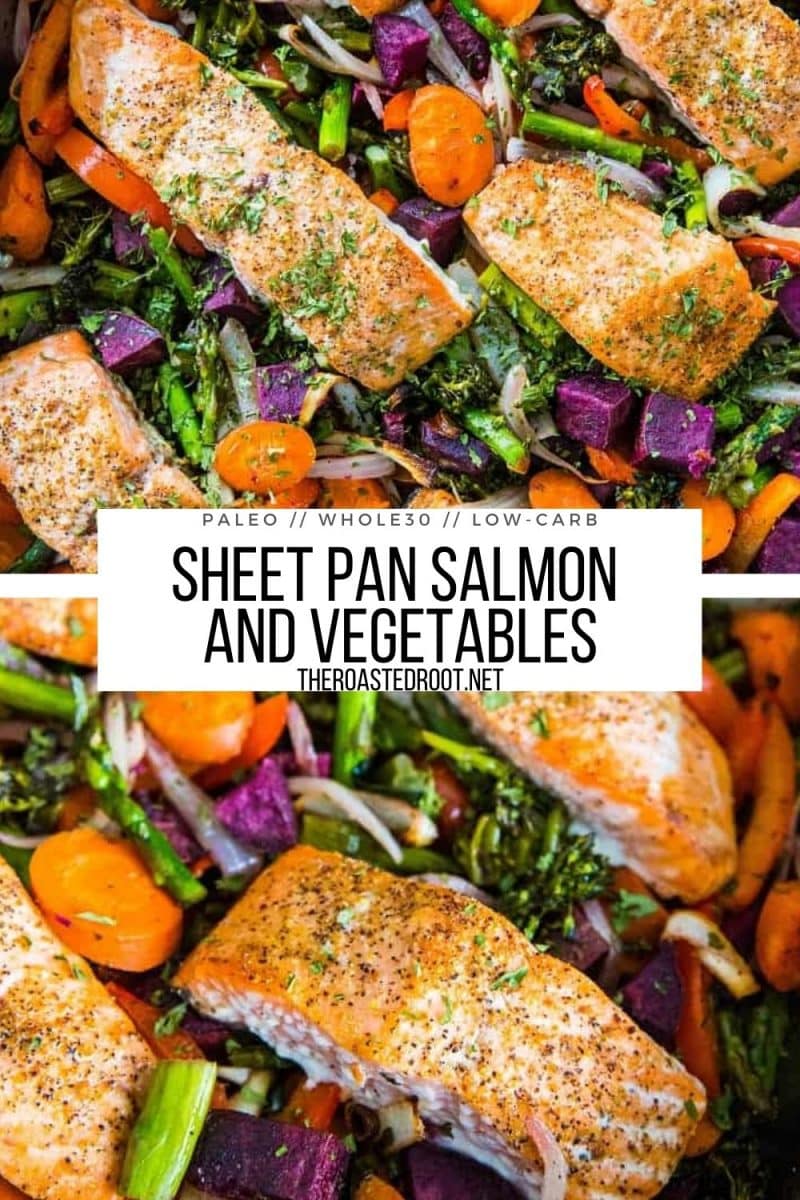 Sheet Pan Salmon and Vegetables is a nutrient-dense healthy dinner recipe that only requires one pan! Paleo, low-carb, and whole30