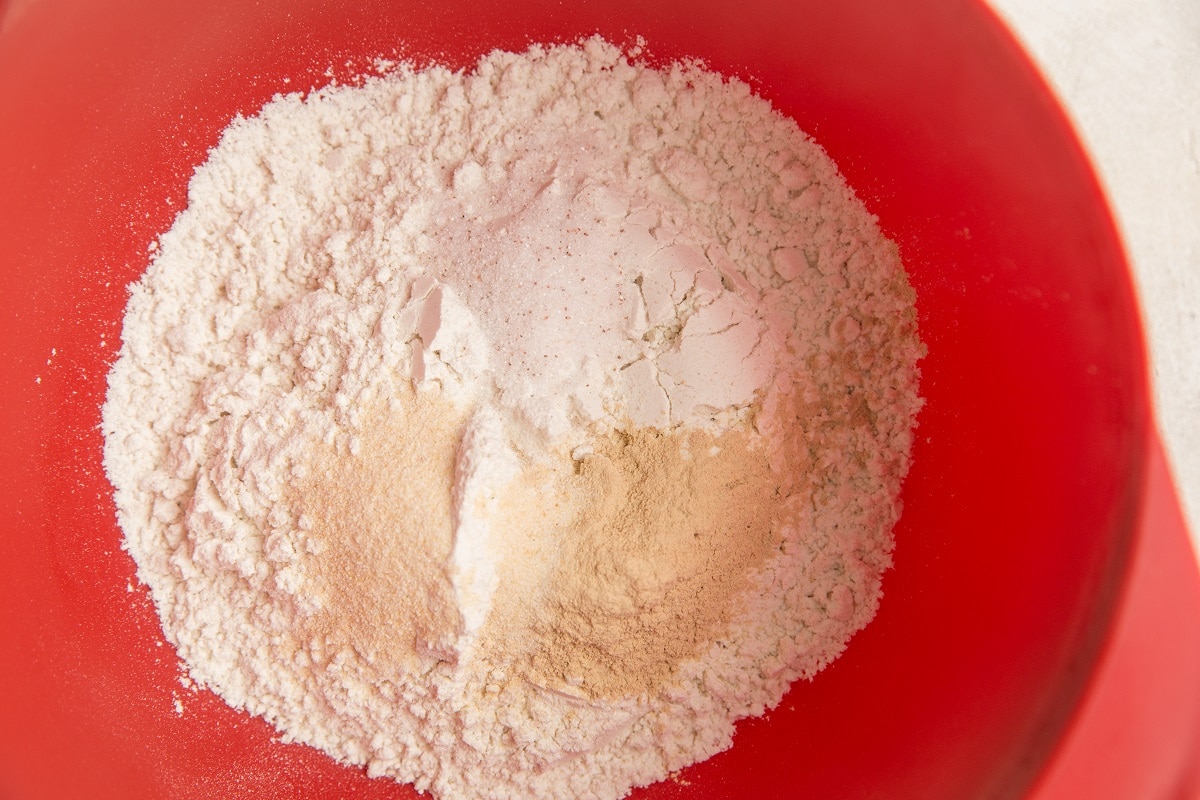 Dry ingredients for the biscuits in a mixing bowl