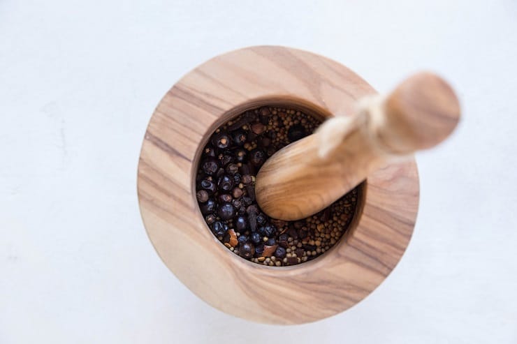 Pickling spices in a mortar and pestle