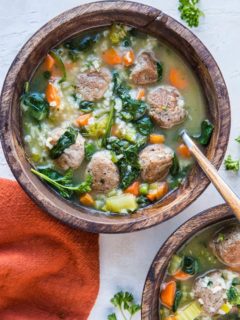 Two bowls of Italian Wedding Soup with rice.