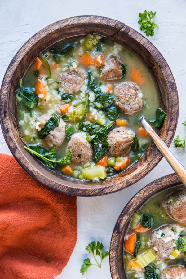 Two bowls of Italian Wedding Soup with rice.