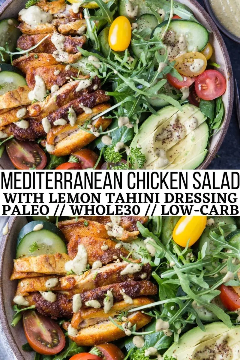 Mediterranean Chicken Salad with Lemon Herb Tahini Dressing, cherry tomatoes, avocado, cucumber, and more! A deliciously fresh and filling salad recipe!