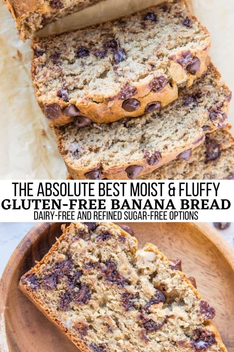 The BEST Gluten-Free Banana Bread Recipe! Moist, fluffy, insanely delicious banana bread that is so easy to make! Recipe includes dairy-free and refined sugar-free options.