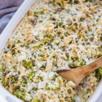 Casserole dish of broccoli cheddar chicken casserole