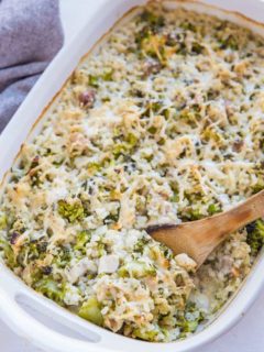 Casserole dish of broccoli cheddar chicken casserole