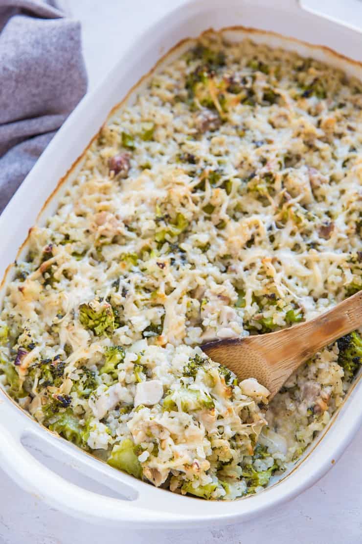 Casserole dish of broccoli cheddar chicken casserole