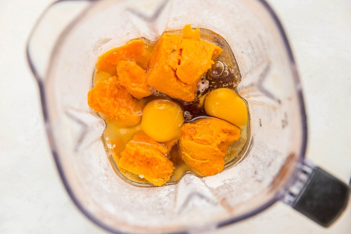 Ingredients for sweet potato pancakes in a blender