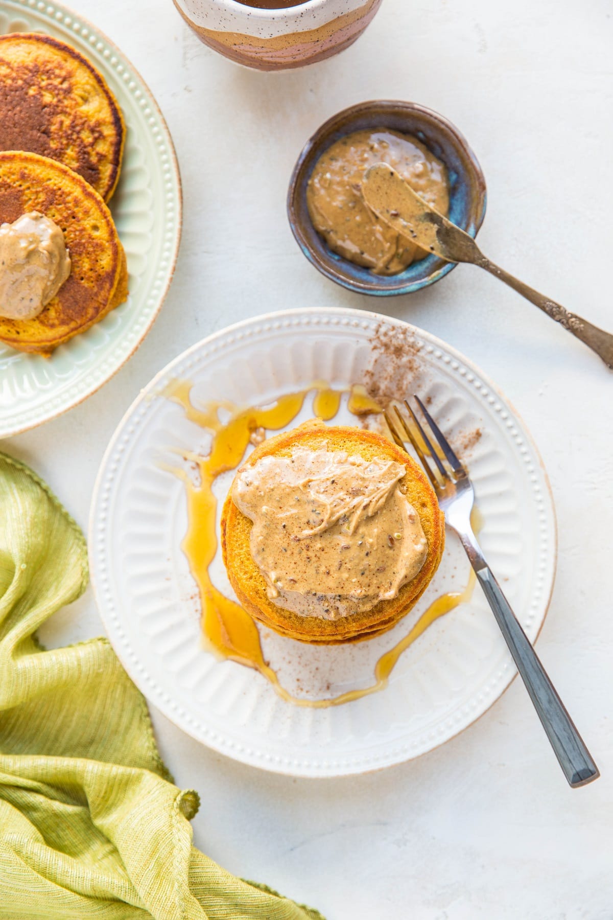 top down photo of sweet potato protein pancakes