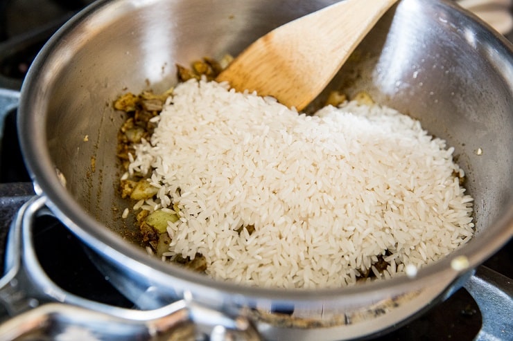 ingredients for spanish rice in a saucepan