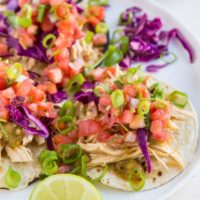 Instant Pot Shredded Chicken Tacos with pico de gallo and cabbage slaw